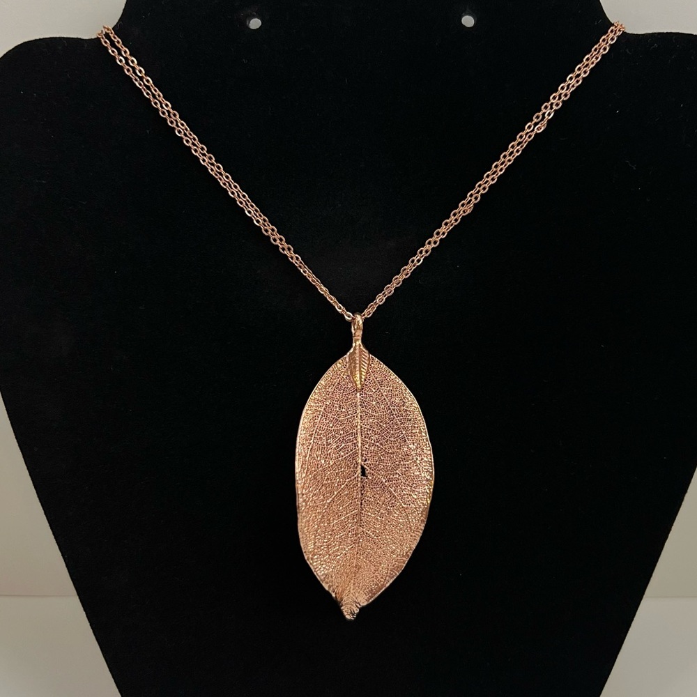 Rose Gold Leaf Pendant Long Necklace